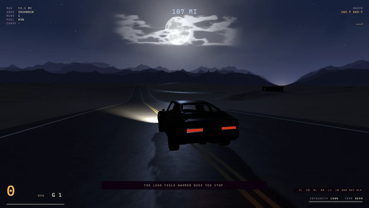 The Night Run in-progress gameplay: a car on a moonlit road through Mercy County.